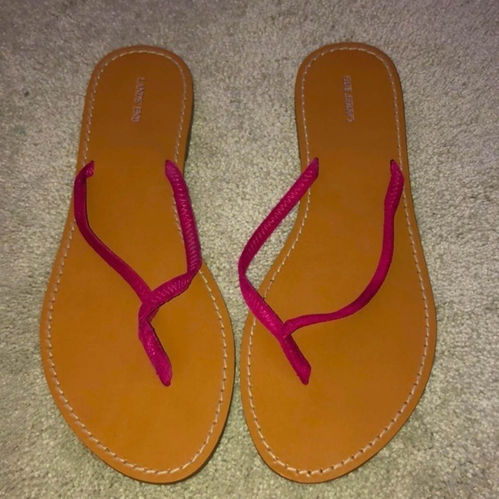 Lands End Flip Flops Sandals fuchsia‎ pink Tan Women’s 9